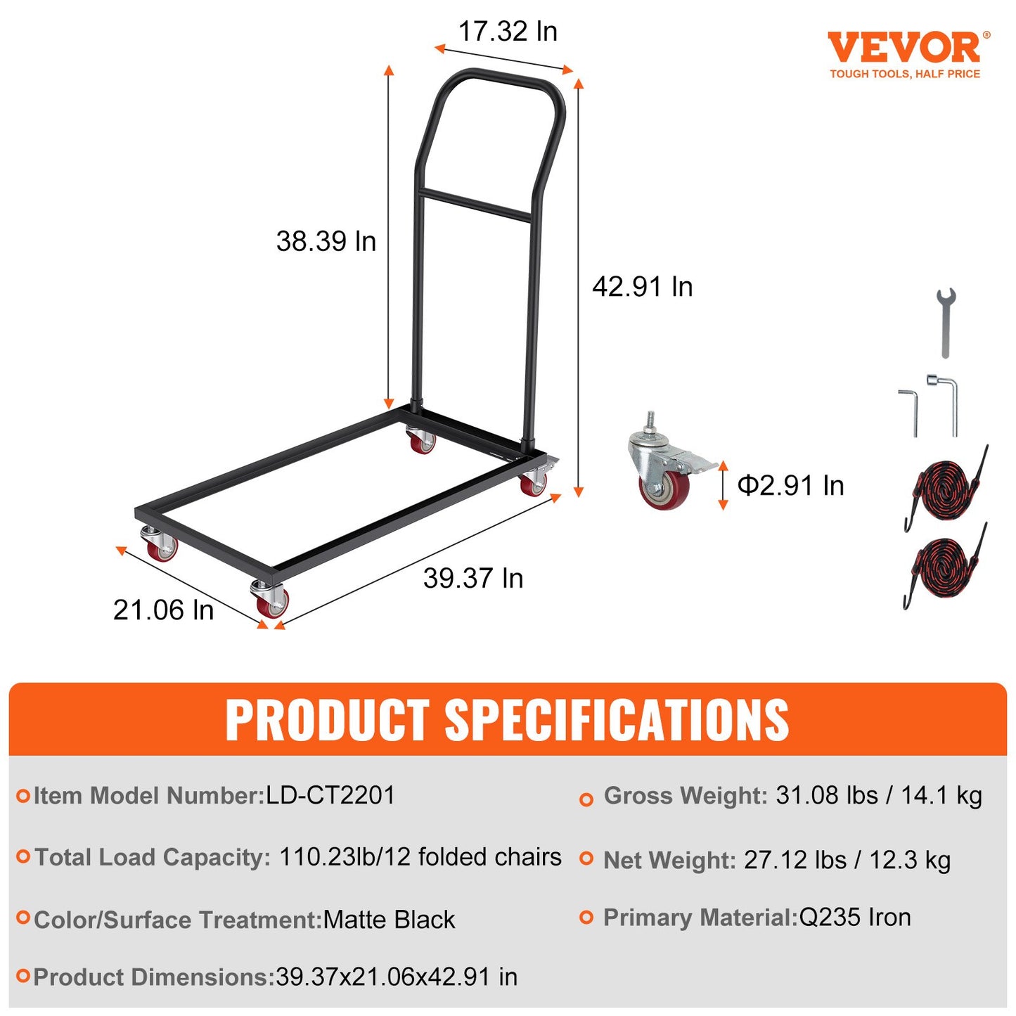 VEVOR Folding Chair Dolly, Iron Commercial Cart with 12 Chairs Capacity, Folding