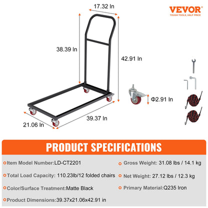 VEVOR Folding Chair Dolly, Iron Commercial Cart with 12 Chairs Capacity, Folding