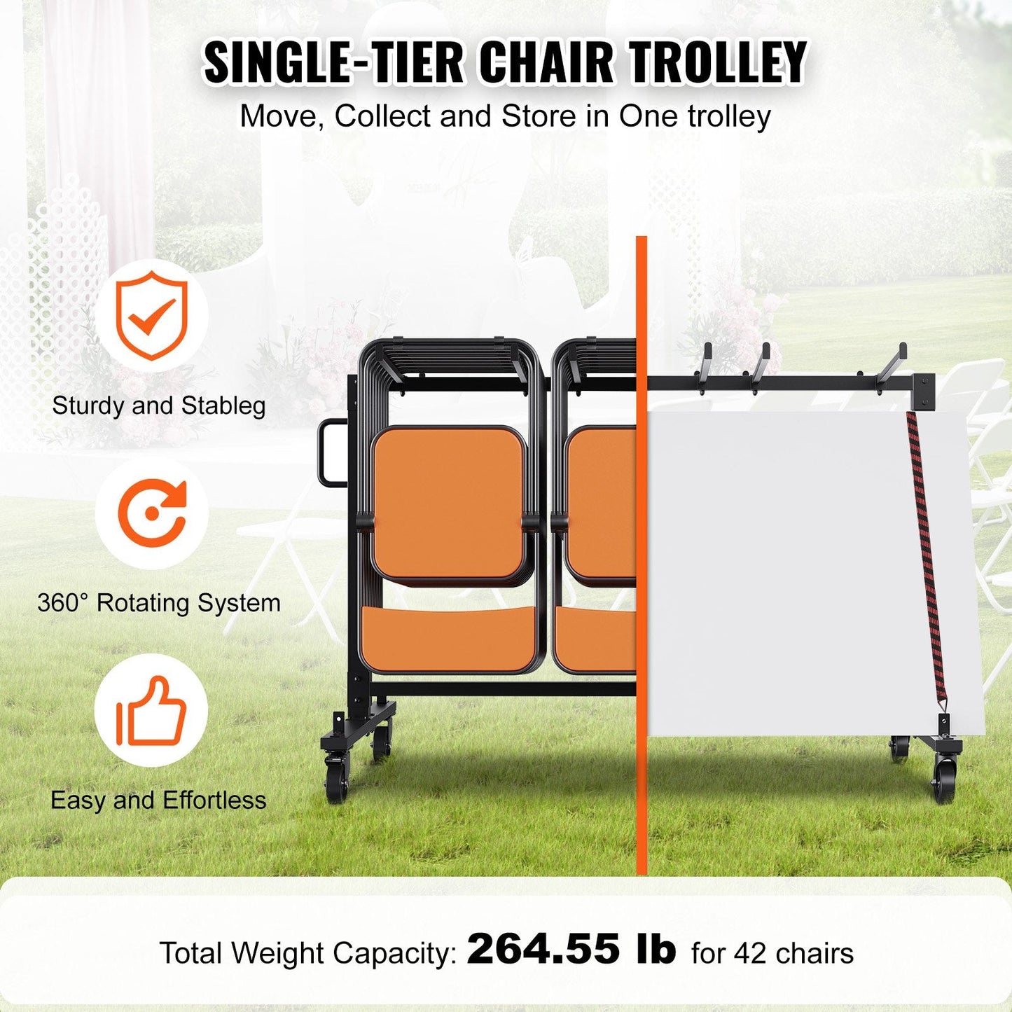 Heavy Duty Mobile Cart for 42 Stackable Chairs, 1.83 Meter Matte Black Iron
