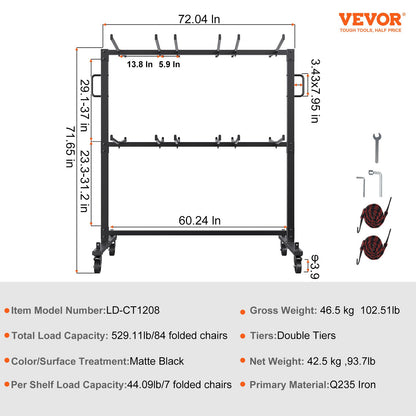 VEVOR 84 Chairs Folding Chair Cart Heavy Duty Iron Mobile Stackable Chair Dolly