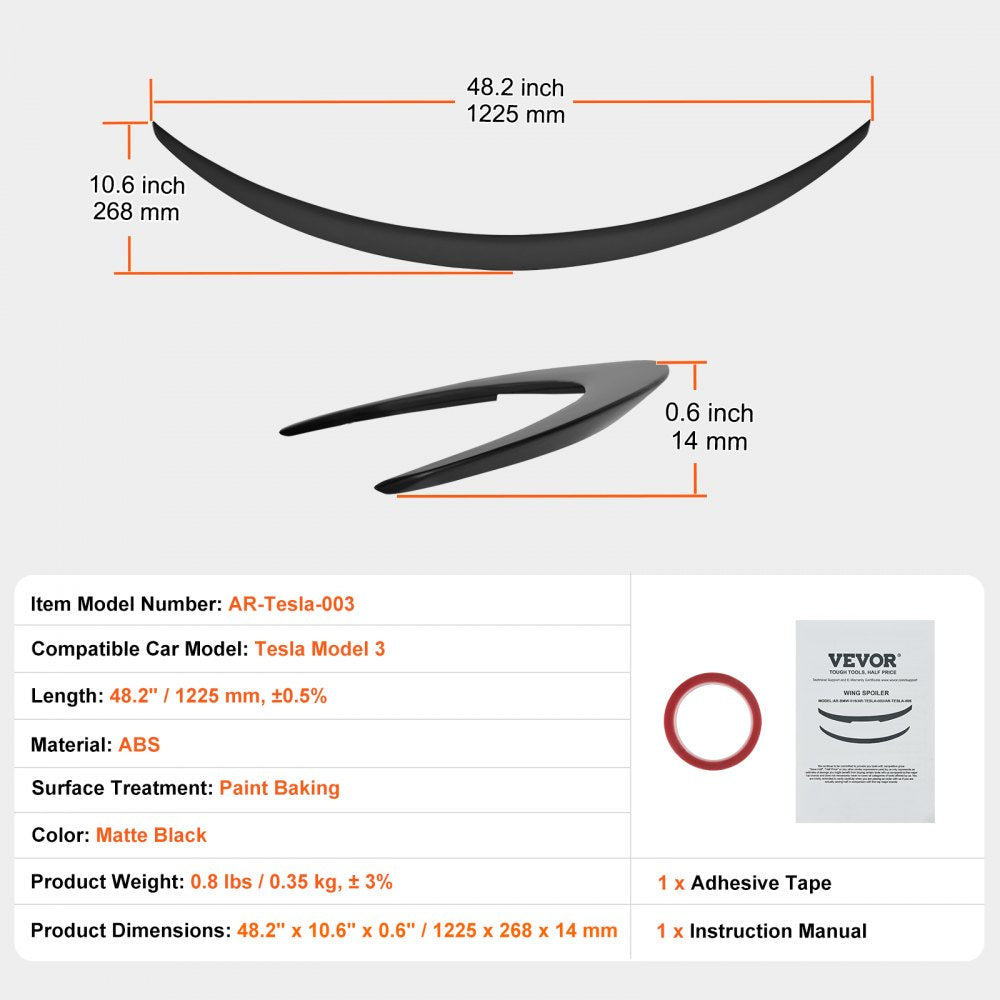 VEVOR Rear Spoiler 48.2'' GT Style Trunk Wing Compatible with Tesla Model 3