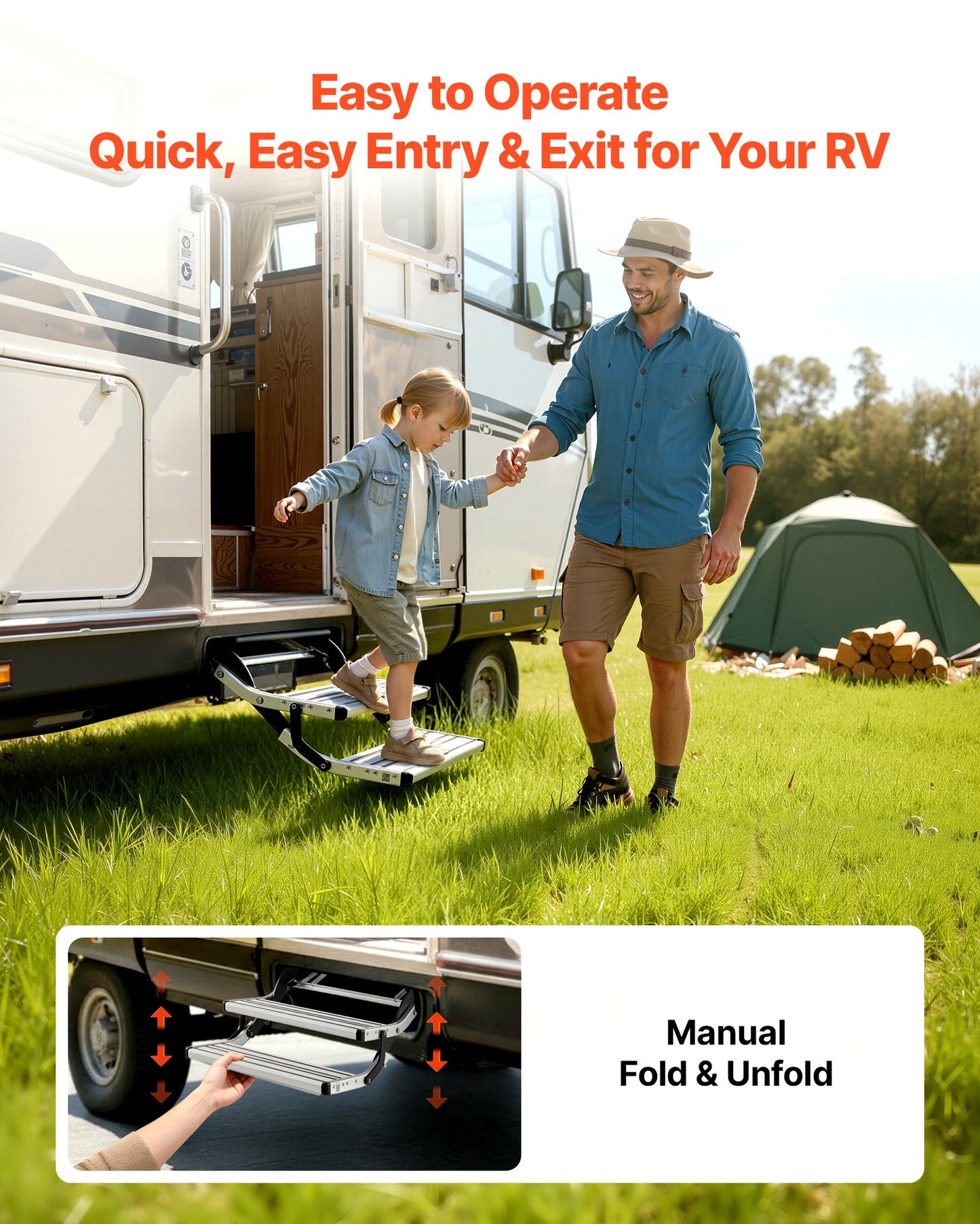 RV Steps, 2-Step, 200 kg Load Capacity, Manual Retractable RV Stairs, Telescopic Folding Aluminum Alloy Camper Steps, Steel Frame Non-Slip Entry Stairs for Camper Van Motorhome Travel Trailer