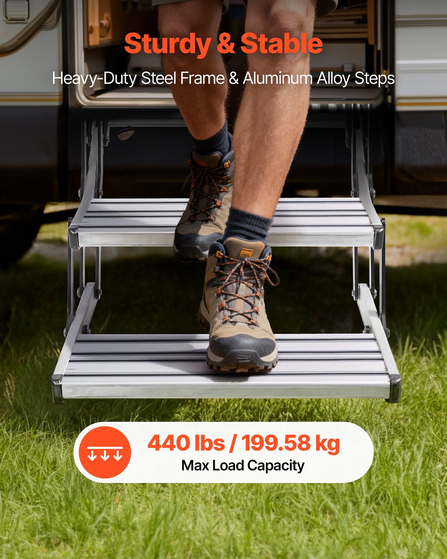RV Steps, 2-Step, 200 kg Load Capacity, Manual Retractable RV Stairs, Telescopic Folding Aluminum Alloy Camper Steps, Steel Frame Non-Slip Entry Stairs for Camper Van Motorhome Travel Trailer