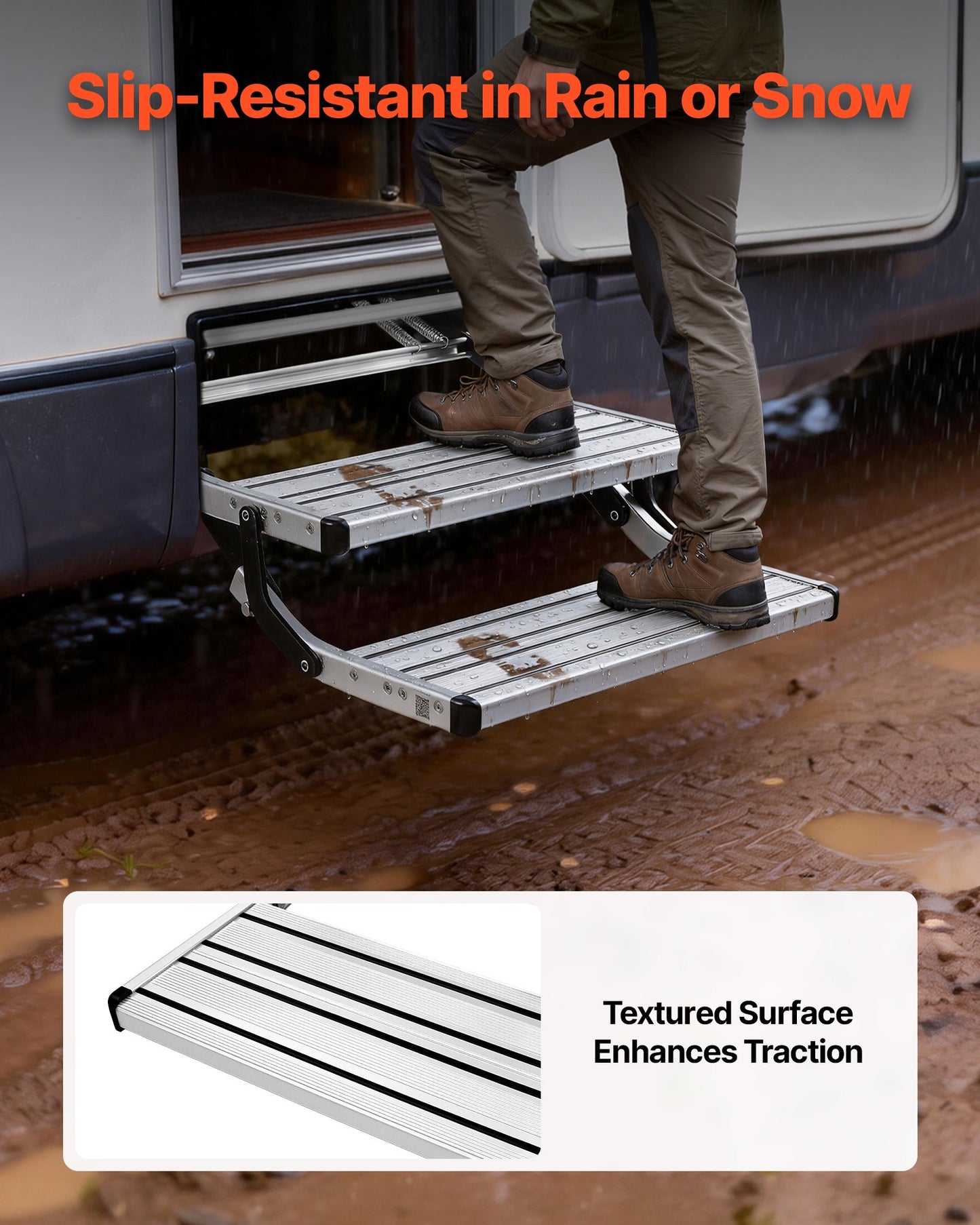 RV Steps, 2-Step, 200 kg Load Capacity, Manual Retractable RV Stairs, Telescopic Folding Aluminum Alloy Camper Steps, Steel Frame Non-Slip Entry Stairs for Camper Van Motorhome Travel Trailer