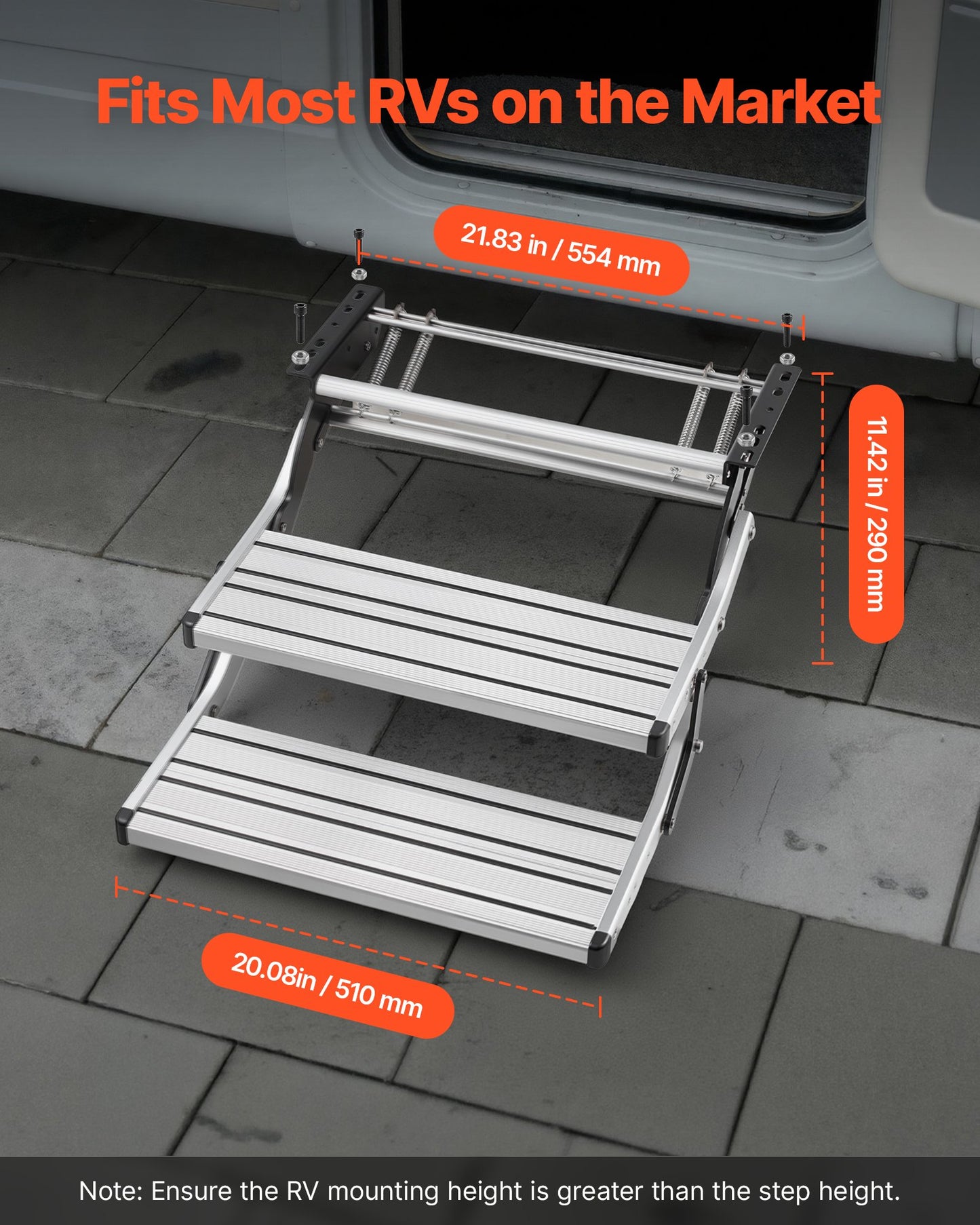 RV Steps, 2-Step, 200 kg Load Capacity, Manual Retractable RV Stairs, Telescopic Folding Aluminum Alloy Camper Steps, Steel Frame Non-Slip Entry Stairs for Camper Van Motorhome Travel Trailer