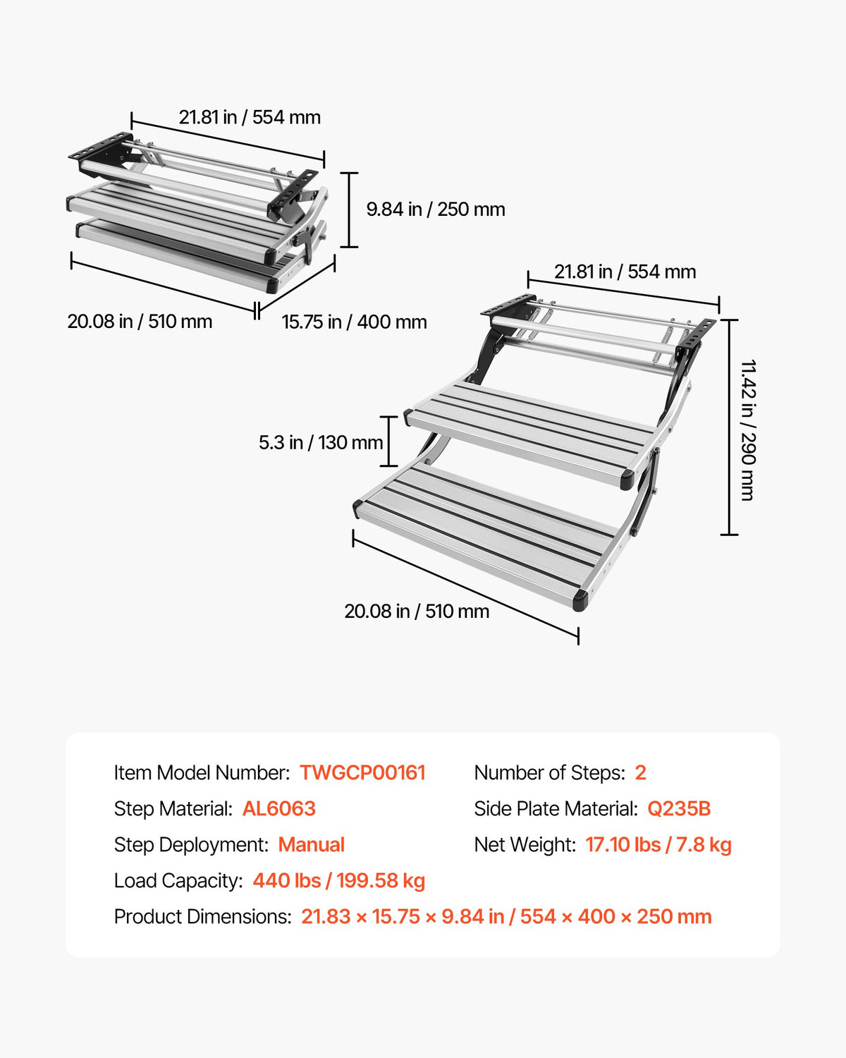 RV Steps, 2-Step, 200 kg Load Capacity, Manual Retractable RV Stairs, Telescopic Folding Aluminum Alloy Camper Steps, Steel Frame Non-Slip Entry Stairs for Camper Van Motorhome Travel Trailer