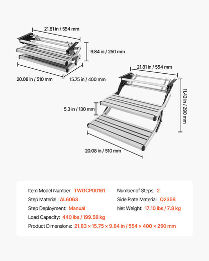 RV Steps, 2-Step, 200 kg Load Capacity, Manual Retractable RV Stairs, Telescopic Folding Aluminum Alloy Camper Steps, Steel Frame Non-Slip Entry Stairs for Camper Van Motorhome Travel Trailer