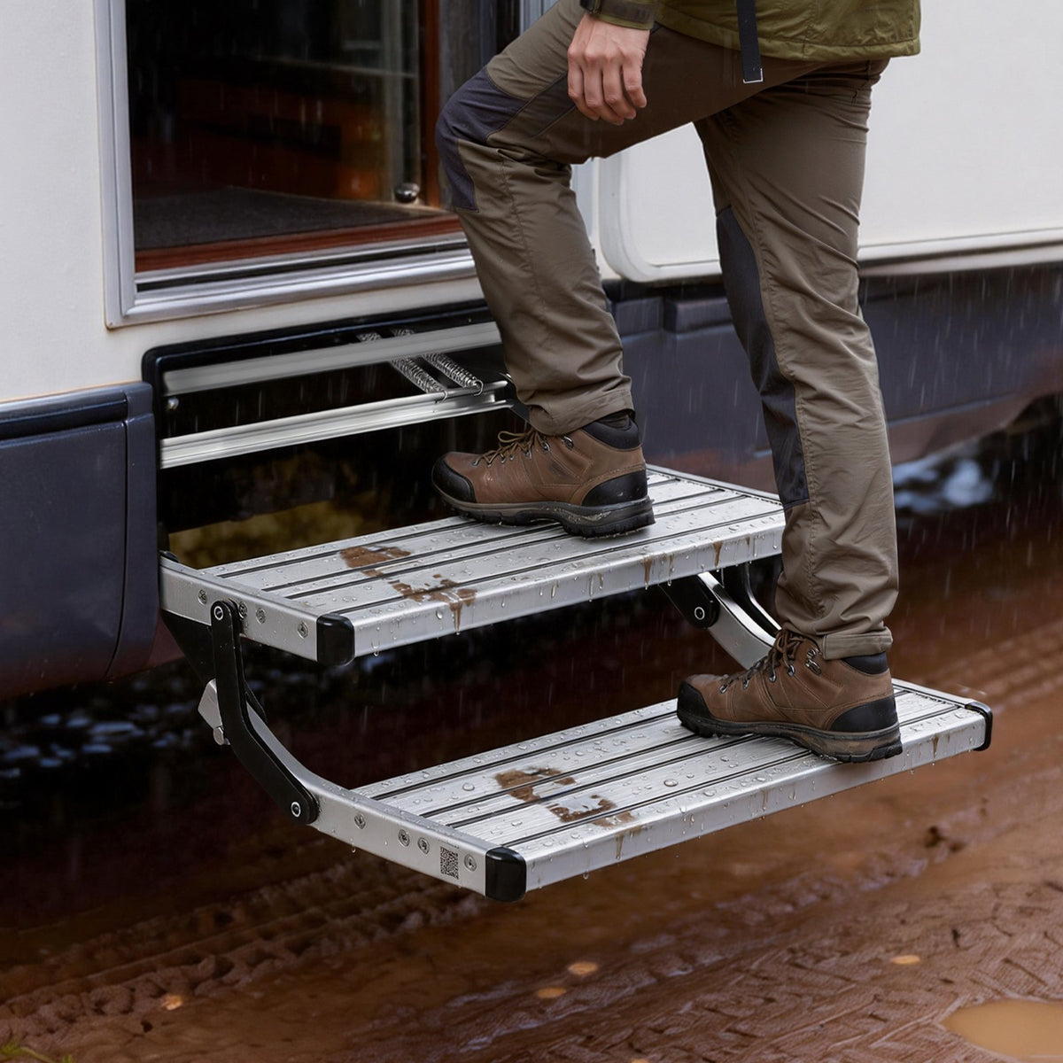 RV Steps, 2-Step, 200 kg Load Capacity, Manual Retractable RV Stairs, Telescopic Folding Aluminum Alloy Camper Steps, Steel Frame Non-Slip Entry Stairs for Camper Van Motorhome Travel Trailer