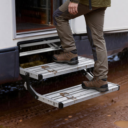 RV Steps, 2-Step, 200 kg Load Capacity, Manual Retractable RV Stairs, Telescopic Folding Aluminum Alloy Camper Steps, Steel Frame Non-Slip Entry Stairs for Camper Van Motorhome Travel Trailer