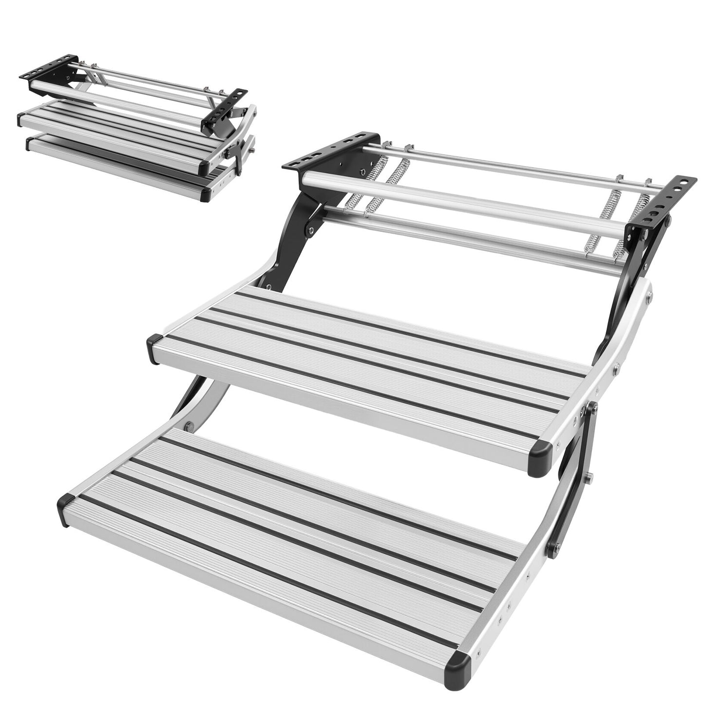 RV Steps, 2-Step, 200 kg Load Capacity, Manual Retractable RV Stairs, Telescopic Folding Aluminum Alloy Camper Steps, Steel Frame Non-Slip Entry Stairs for Camper Van Motorhome Travel Trailer