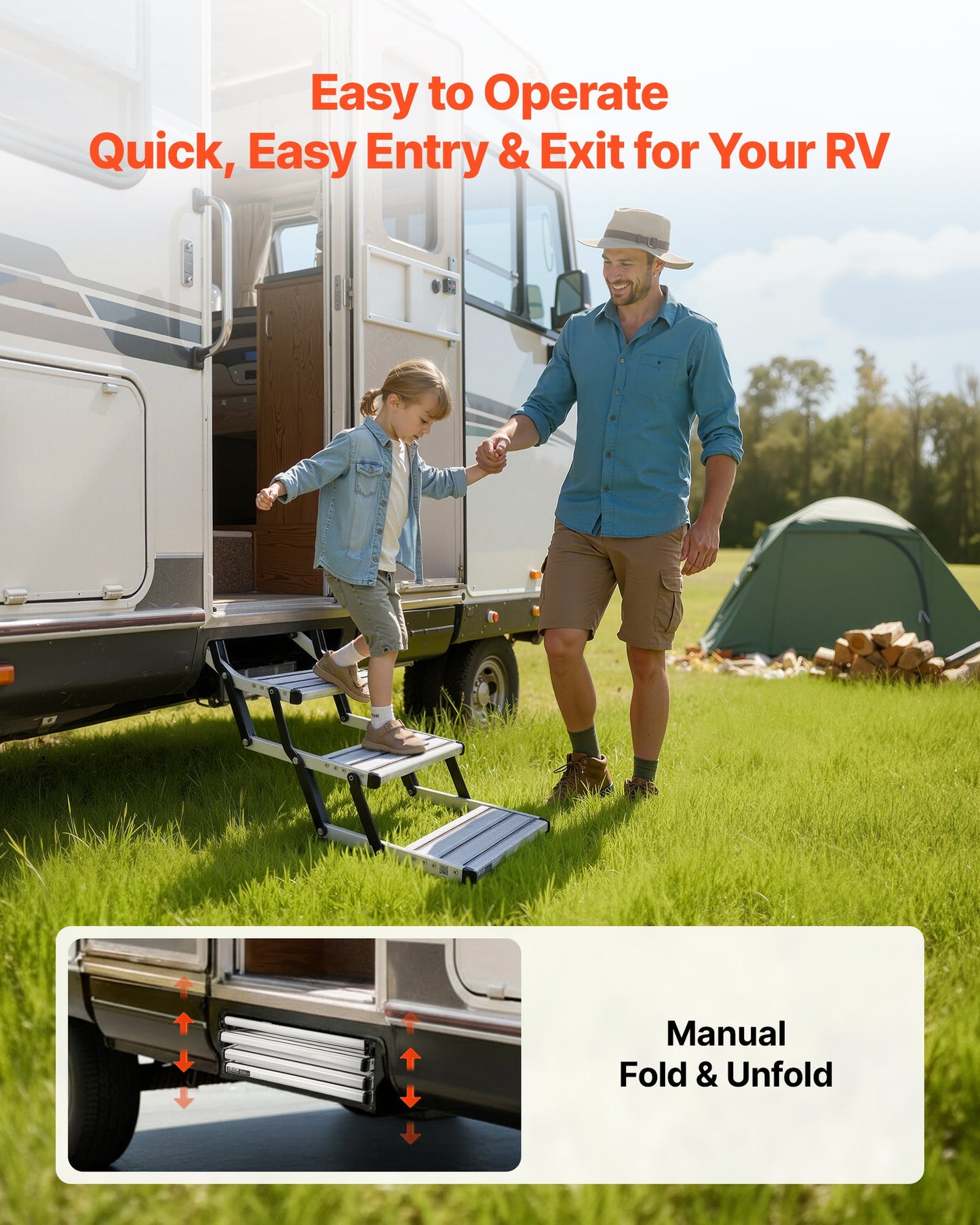 RV Steps, 3-Step, 200 kg Load Capacity, Manual Retractable RV Stairs, Telescopic Folding Aluminum Alloy Camper Steps, Steel Frame Non-Slip Entry Stairs for Camper Van Motorhome Travel Trailer