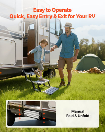 RV Steps, 3-Step, 200 kg Load Capacity, Manual Retractable RV Stairs, Telescopic Folding Aluminum Alloy Camper Steps, Steel Frame Non-Slip Entry Stairs for Camper Van Motorhome Travel Trailer
