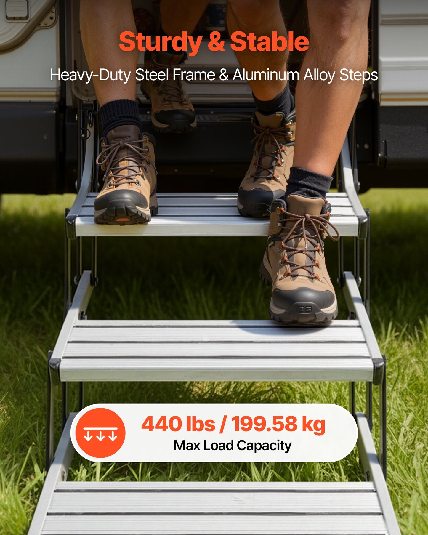 RV Steps, 3-Step, 200 kg Load Capacity, Manual Retractable RV Stairs, Telescopic Folding Aluminum Alloy Camper Steps, Steel Frame Non-Slip Entry Stairs for Camper Van Motorhome Travel Trailer