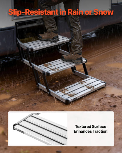 RV Steps, 3-Step, 200 kg Load Capacity, Manual Retractable RV Stairs, Telescopic Folding Aluminum Alloy Camper Steps, Steel Frame Non-Slip Entry Stairs for Camper Van Motorhome Travel Trailer