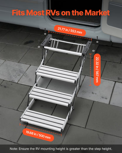 RV Steps, 3-Step, 200 kg Load Capacity, Manual Retractable RV Stairs, Telescopic Folding Aluminum Alloy Camper Steps, Steel Frame Non-Slip Entry Stairs for Camper Van Motorhome Travel Trailer
