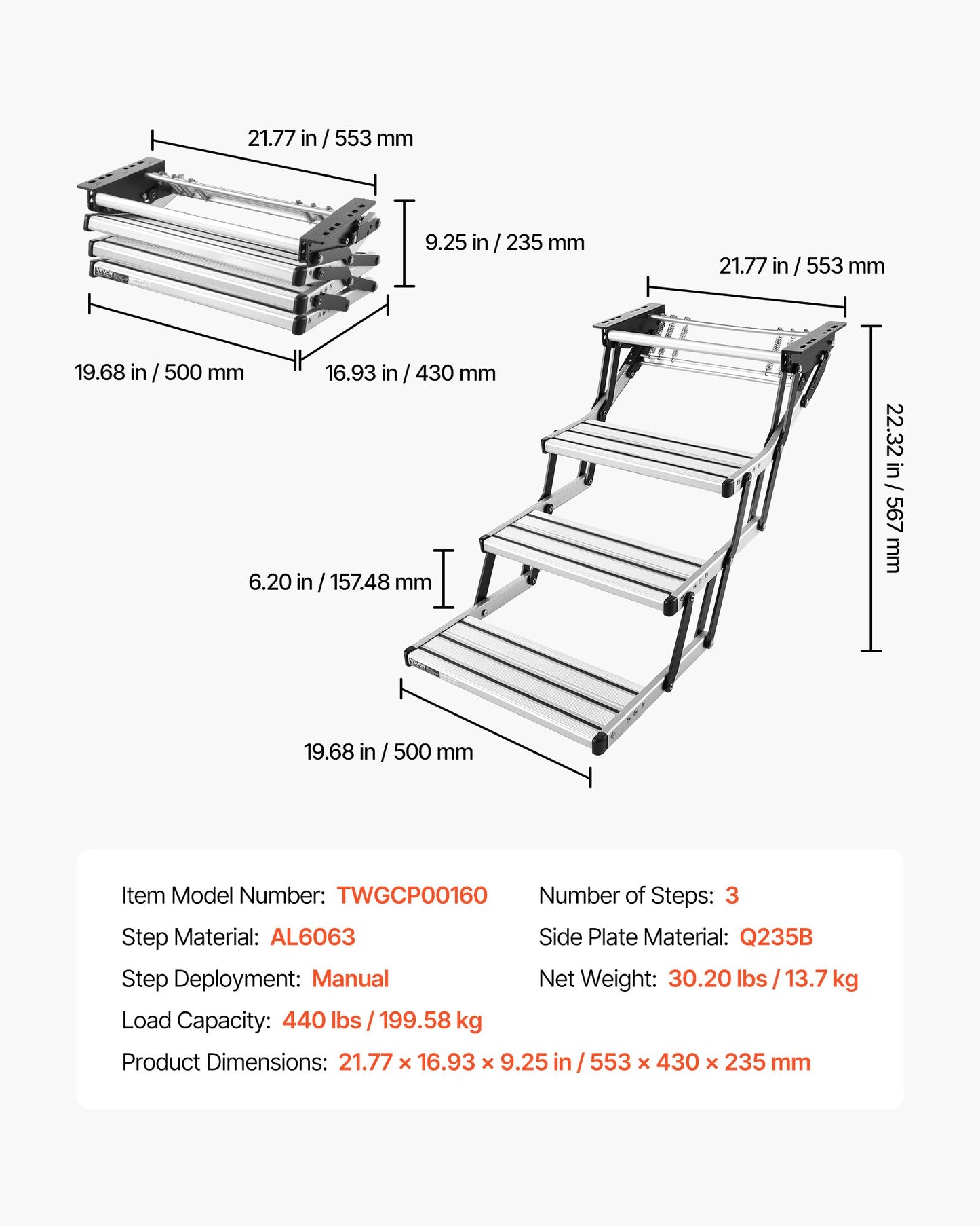 RV Steps, 3-Step, 200 kg Load Capacity, Manual Retractable RV Stairs, Telescopic Folding Aluminum Alloy Camper Steps, Steel Frame Non-Slip Entry Stairs for Camper Van Motorhome Travel Trailer