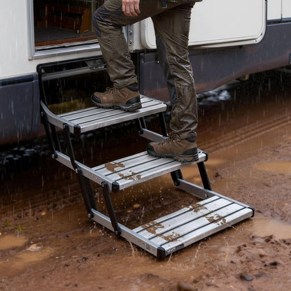 RV Steps, 3-Step, 200 kg Load Capacity, Manual Retractable RV Stairs, Telescopic Folding Aluminum Alloy Camper Steps, Steel Frame Non-Slip Entry Stairs for Camper Van Motorhome Travel Trailer
