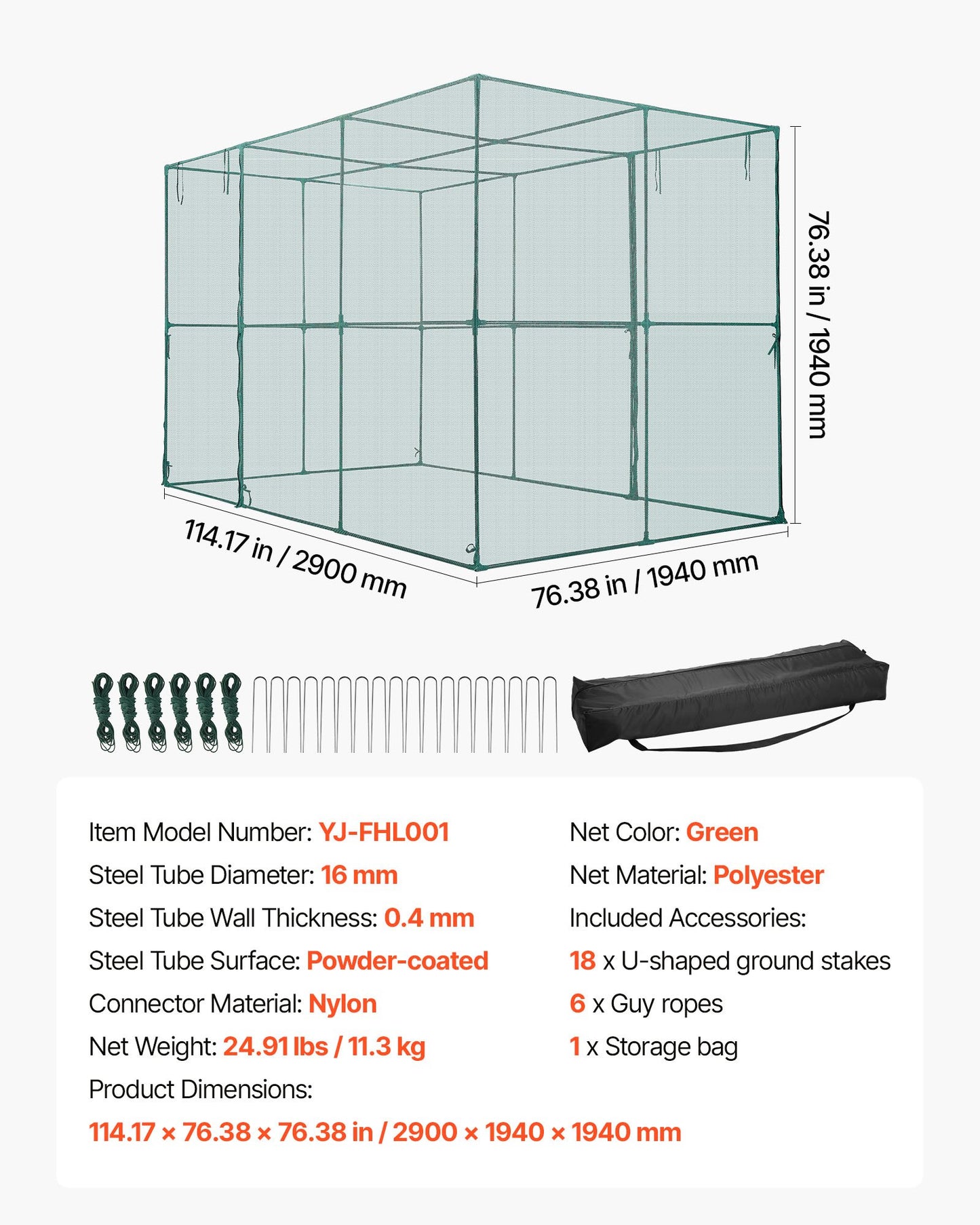 Crop Cage, 2.9 x 1.94 x 1.94 m Plant Protection Tent with Zippered Door, Wind-Resistant Tall Crop Cage, Easy to Install, Outdoor Raised Bed Cover, Tomato Plant Netting for Garden Patio Lawn