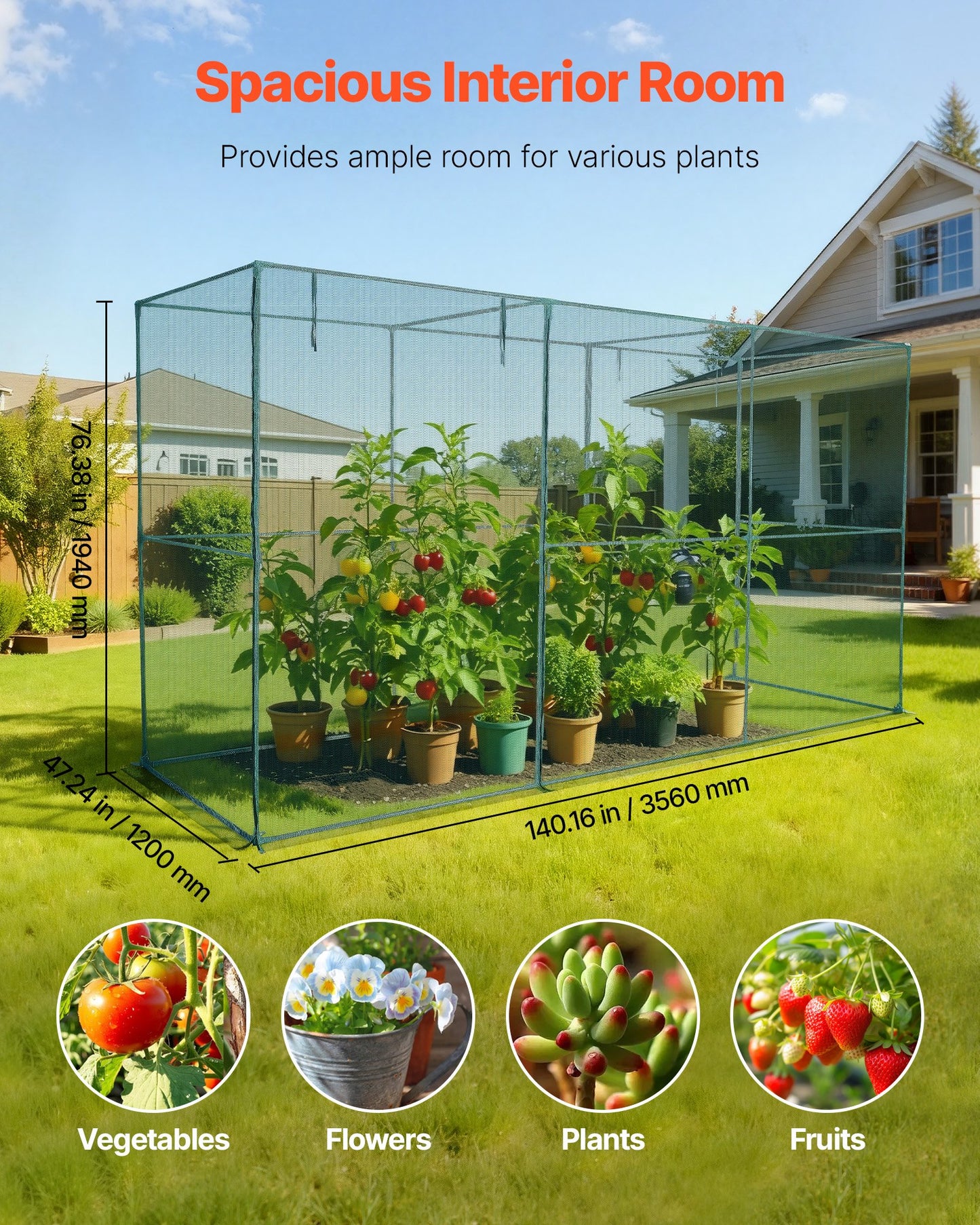 Crop Cage, 3.56 x 1.2 x 1.94 m Plant Protection Tent with Zippered Door, Wind-Resistant Tall Crop Cage, Easy to Install, Outdoor Raised Bed Cover, Tomato Plant Netting for Garden Patio Lawn