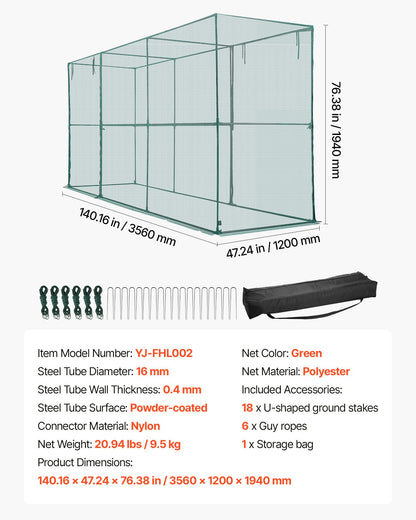 Crop Cage, 3.56 x 1.2 x 1.94 m Plant Protection Tent with Zippered Door, Wind-Resistant Tall Crop Cage, Easy to Install, Outdoor Raised Bed Cover, Tomato Plant Netting for Garden Patio Lawn