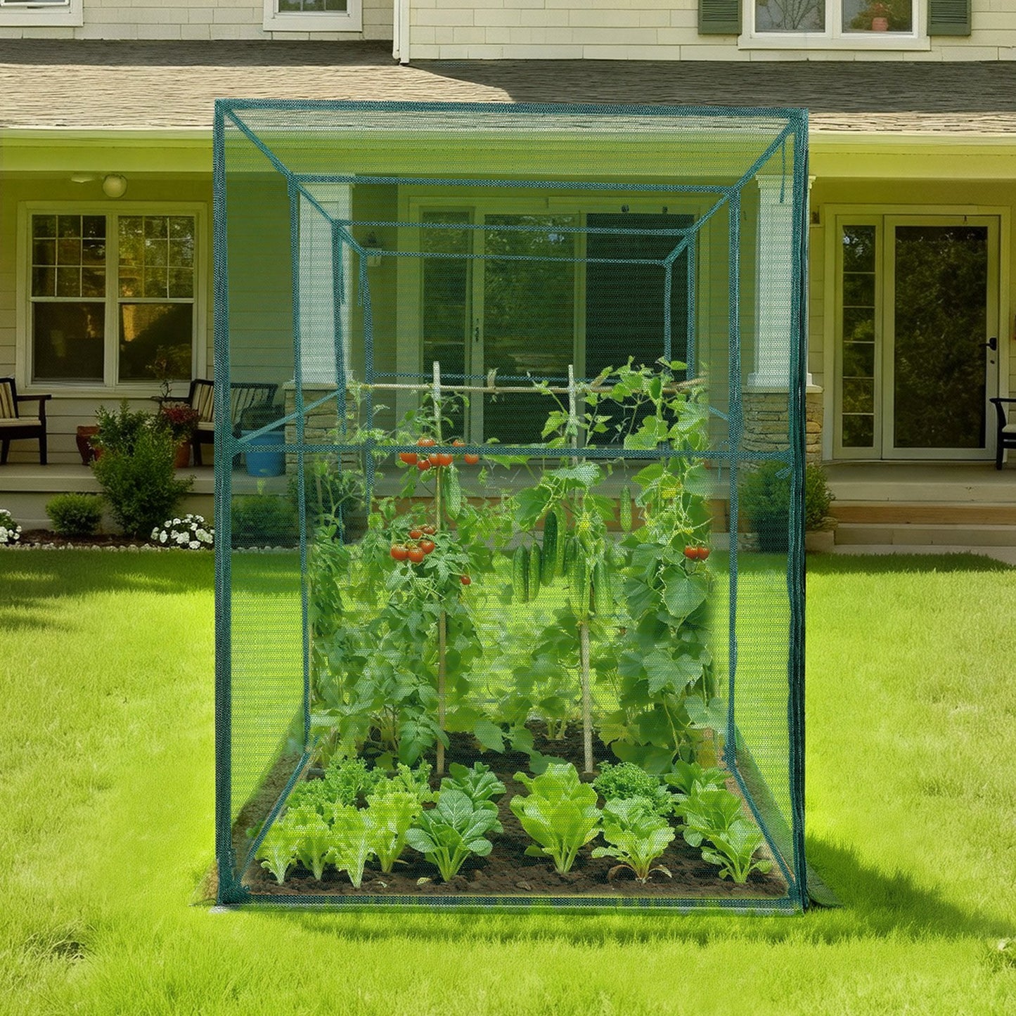 Crop Cage, 3.56 x 1.2 x 1.94 m Plant Protection Tent with Zippered Door, Wind-Resistant Tall Crop Cage, Easy to Install, Outdoor Raised Bed Cover, Tomato Plant Netting for Garden Patio Lawn