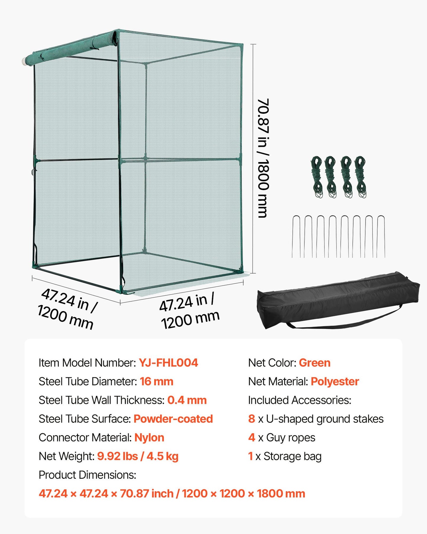 Crop Cage, 1.2 x 1.2 x 1.8 m Plant Protection Tent with Zippered Door, Wind-Resistant Tall Crop Cage, Easy to Install, Outdoor Raised Bed Cover, Tomato Plant Netting for Garden Patio Lawn
