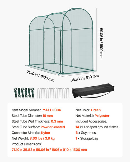 Crop Cage, 1.8 x 0.91 x 1.5 m Plant Protection Tent with Zippered Door, Wind-Resistant Tall Crop Cage, Easy to Install, Outdoor Raised Bed Cover with Frame, Plant Netting for Garden Patio Lawn