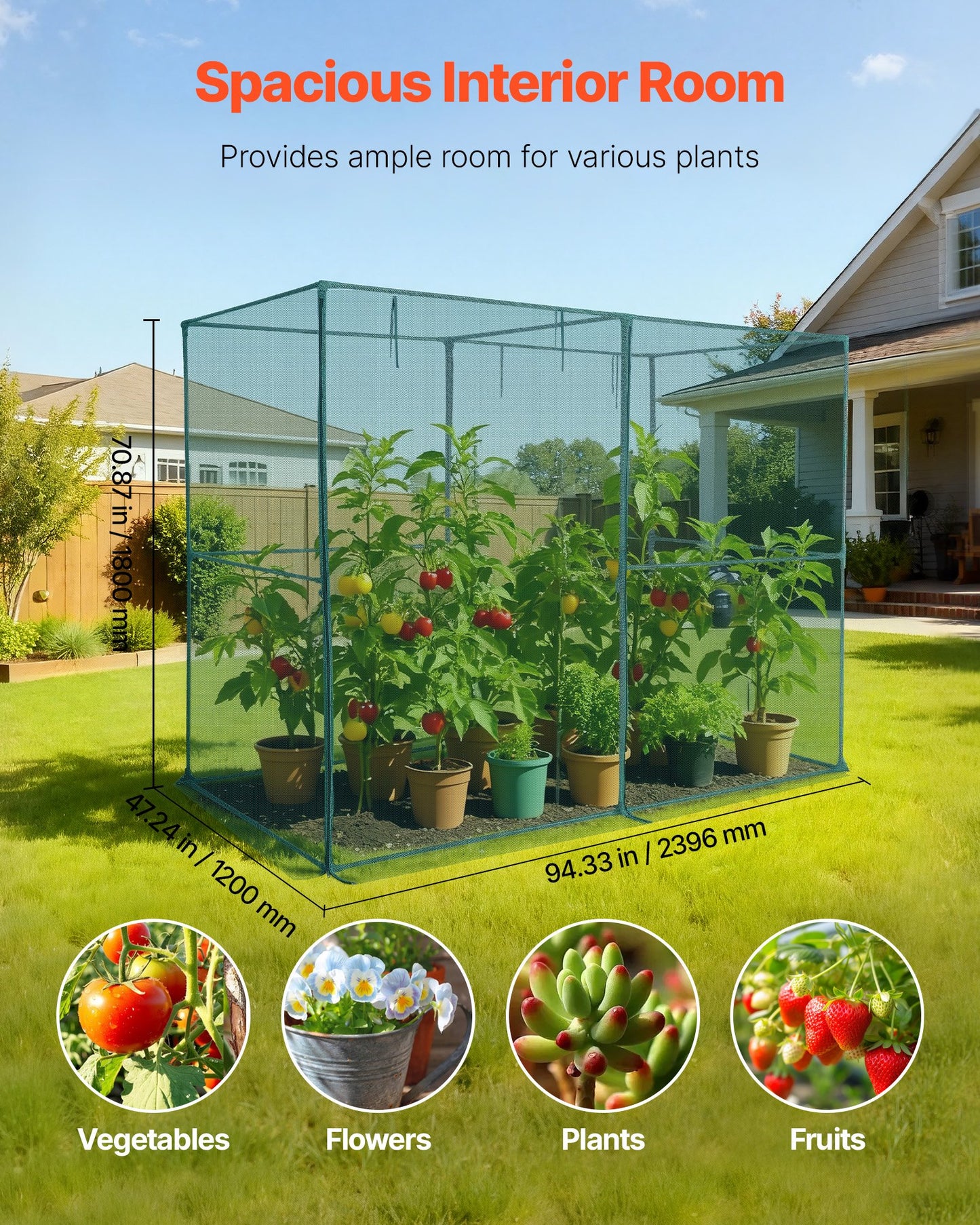 Crop Cage, 2.39 x 1.2 x 1.8 m Plant Protection Tent with Zippered Door, Wind-Resistant Tall Crop Cage, Easy to Install, Outdoor Raised Bed Cover, Tomato Plant Netting for Garden Patio Lawn