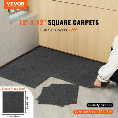 Self-Adhesive Carpet Tiles, 0.3x0.3m, 12 Tiles, Dark Gray, Easy DIY Installation