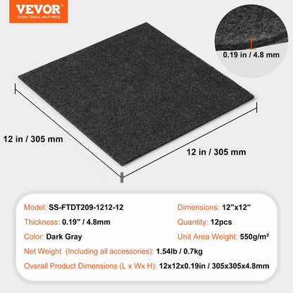 Self-Adhesive Carpet Tiles, 0.3x0.3m, 12 Tiles, Dark Gray, Easy DIY Installation