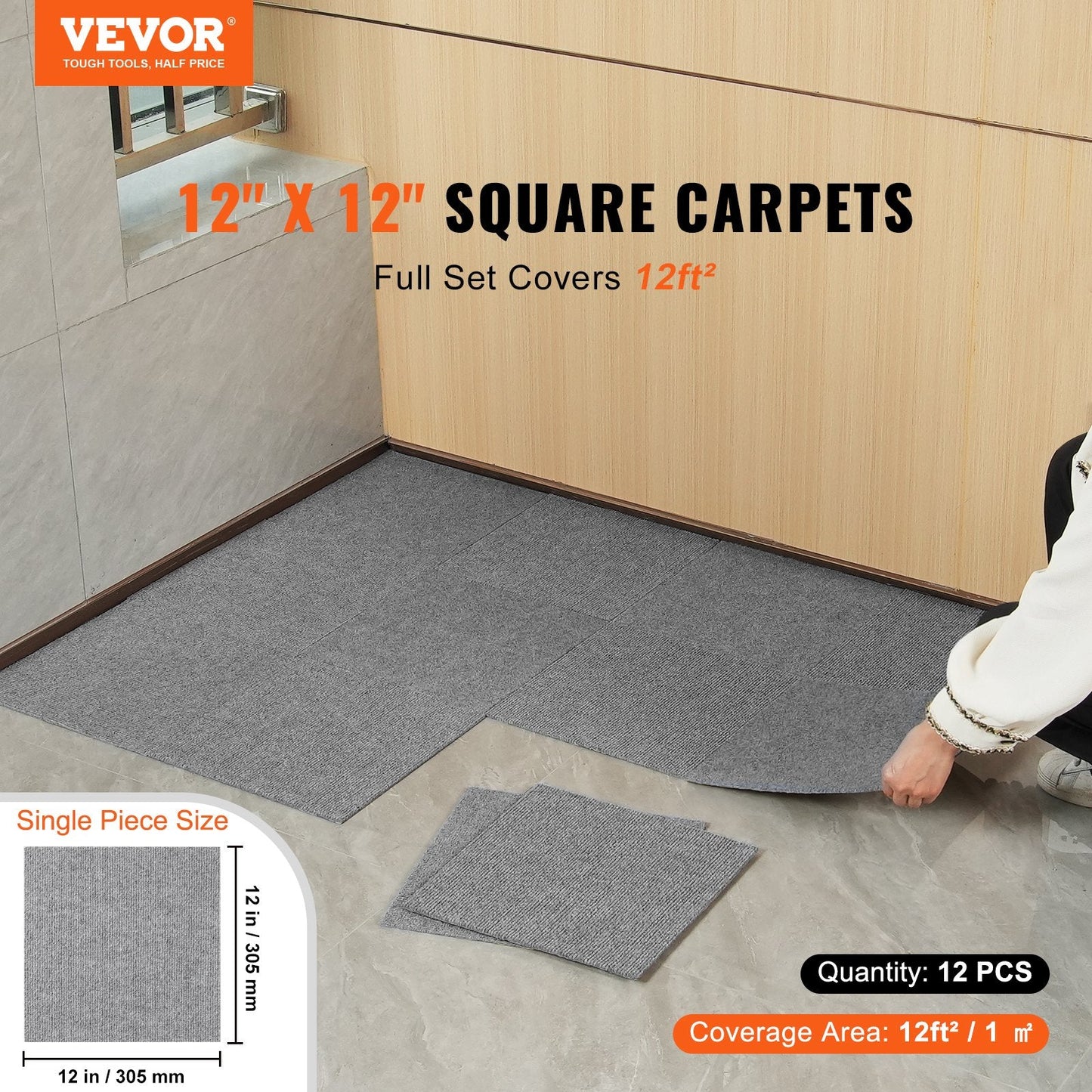 Self-Adhesive Carpet Tiles, 0.3m x 0.3m, Light Gray, Pack of 12, Easy DIY Install