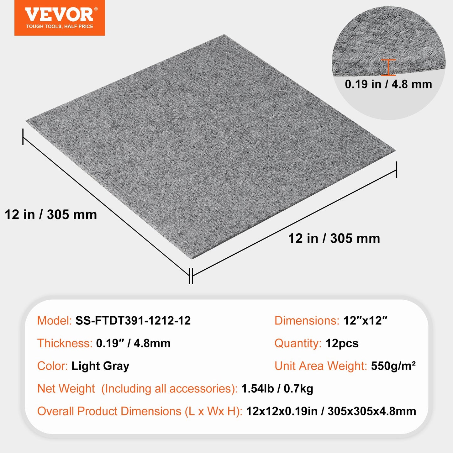 VEVOR Carpet Tiles Peel and Stick, 12” x 12” Squares Self Adhesive Carpet Floor