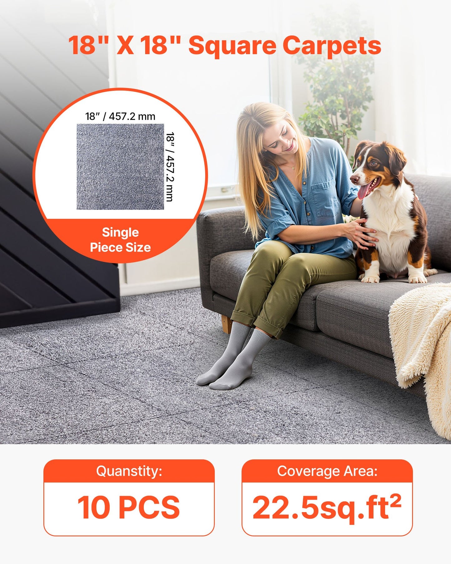 Carpet Tiles 457x457 mm, 10 Pack Carpet Square Rug Detachable & Damage-free, Self Adhesive Home Floor Soft Plush Padded for 2.1㎡ Coverage, Easy DIY for Living Room & Bedroom, Gray