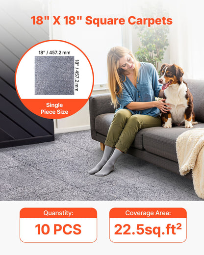 Carpet Tiles 457x457 mm, 10 Pack Carpet Square Rug Detachable & Damage-free, Self Adhesive Home Floor Soft Plush Padded for 2.1㎡ Coverage, Easy DIY for Living Room & Bedroom, Gray