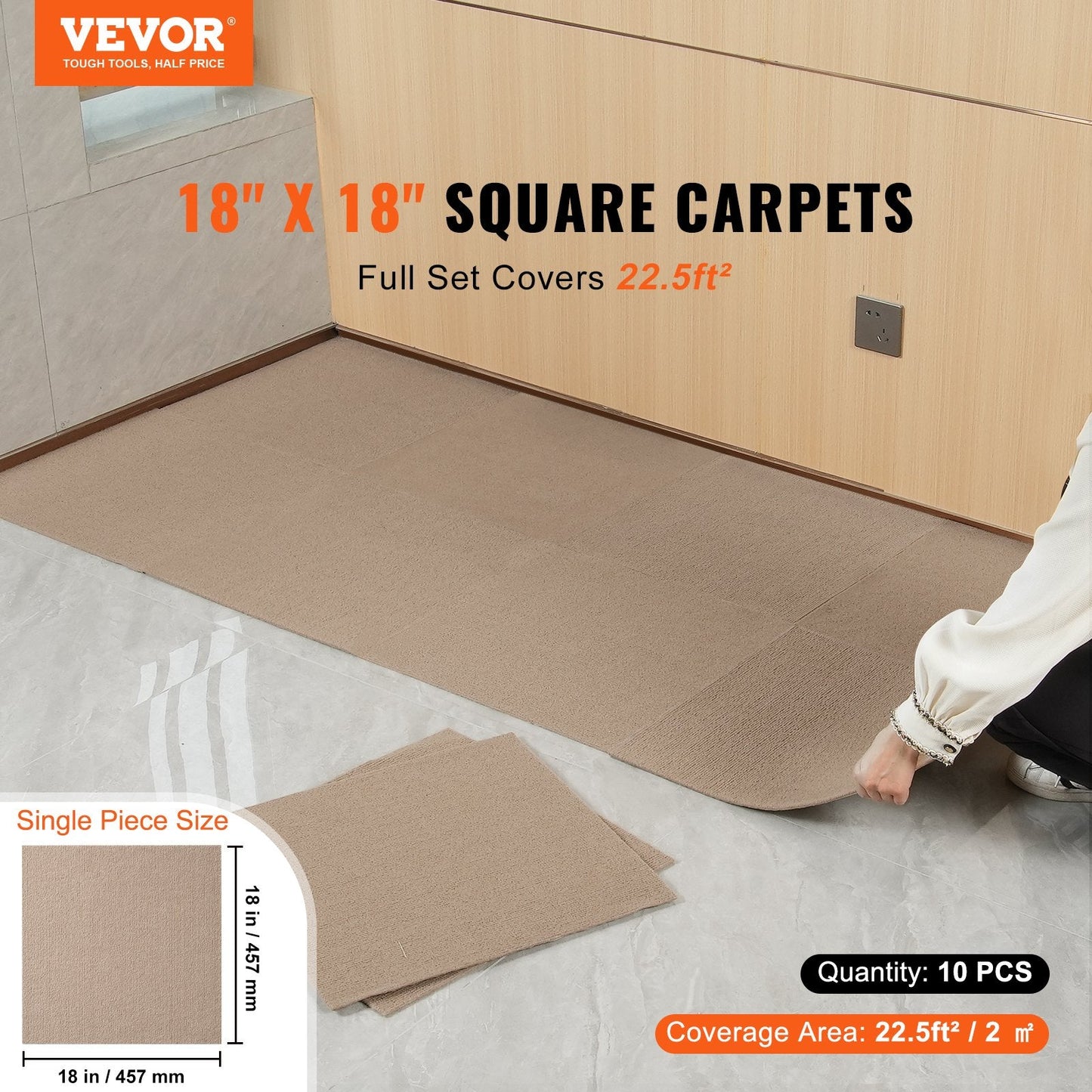 Self-Adhesive Carpet Tiles, 0.46m x 0.46m, Easy DIY Install, Light Brown, 10 Pack