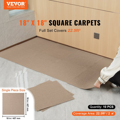 Self-Adhesive Carpet Tiles, 0.46m x 0.46m, Easy DIY Install, Light Brown, 10 Pack