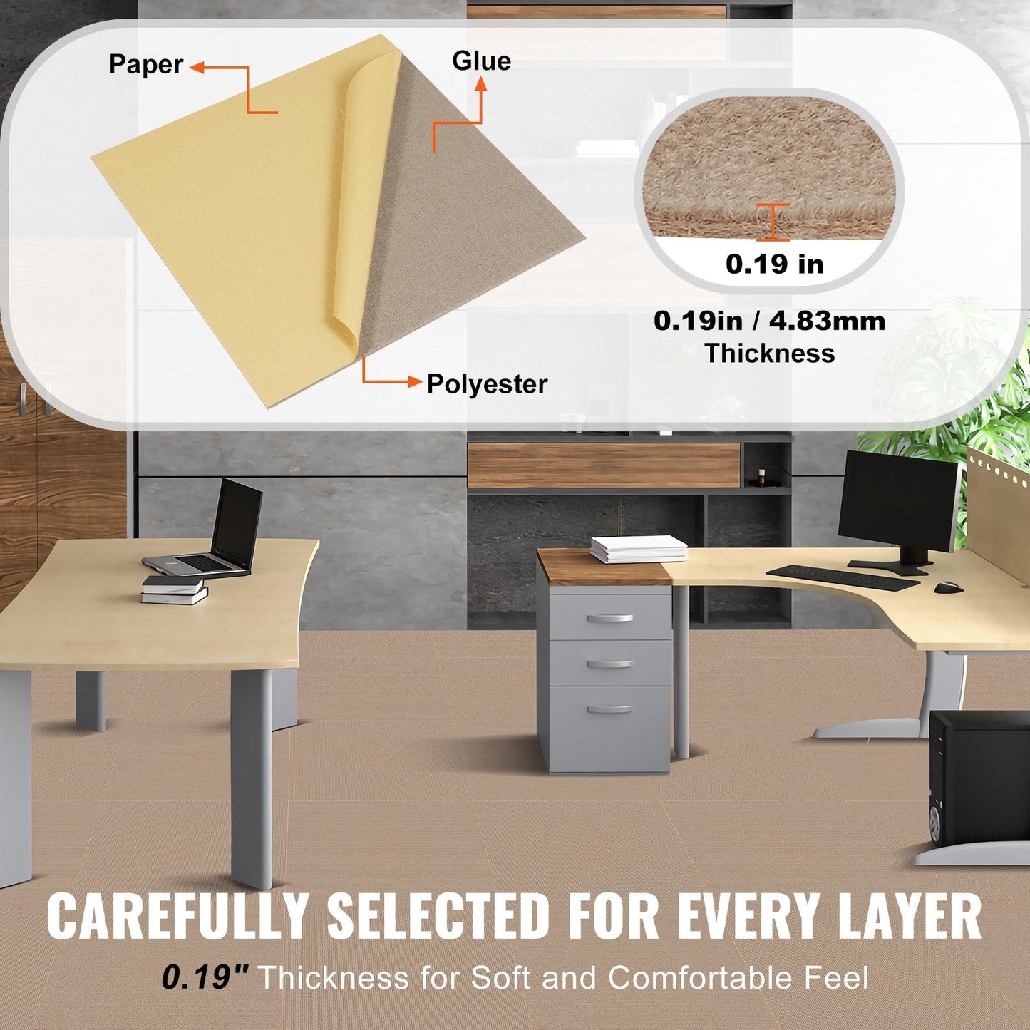 Self-Adhesive Carpet Tiles, 0.46m x 0.46m, Easy DIY Install, Light Brown, 10 Pack