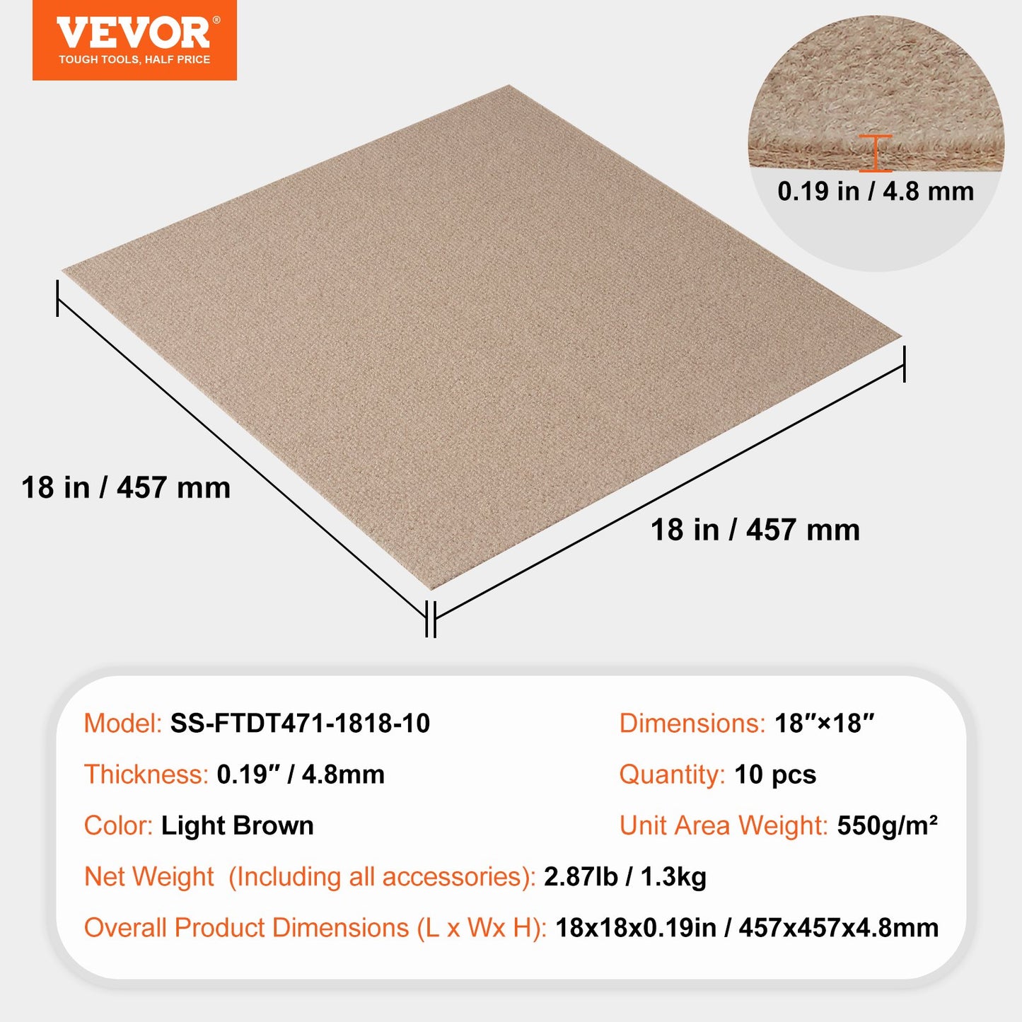 VEVOR Carpet Tiles Peel and Stick, 18” x 18” Squares Self Adhesive Carpet Floor