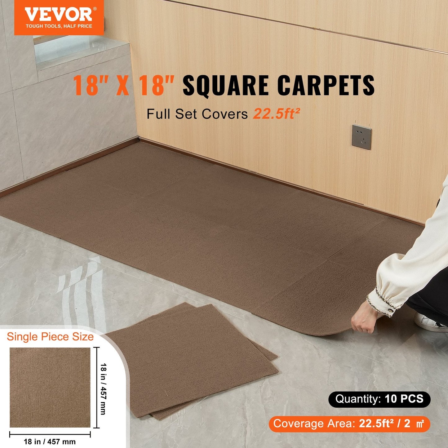 Self-Adhesive Carpet Tiles, 0.45m x 0.45m, Soft & Easy Install, Deep Brown (10 pcs)