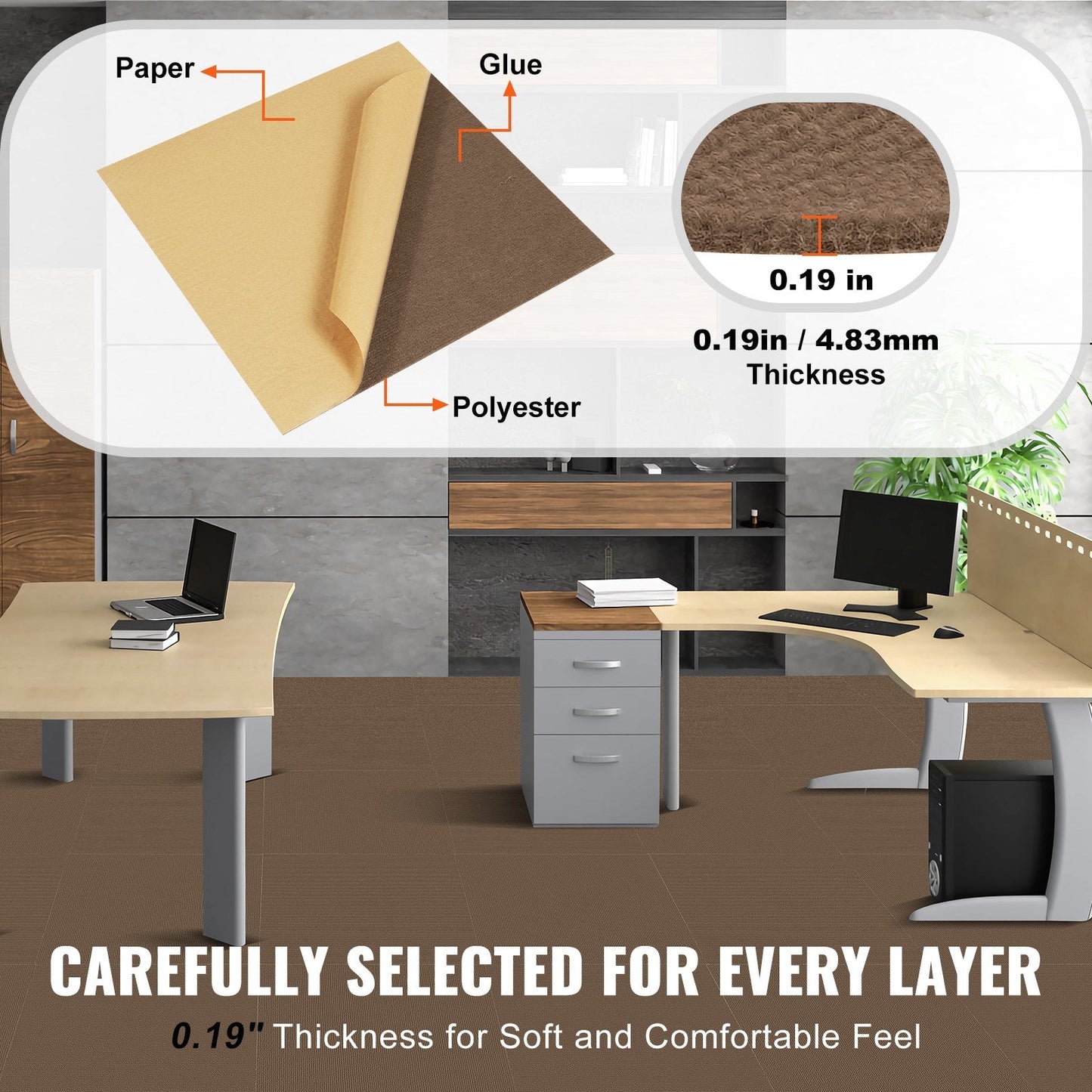 Self-Adhesive Carpet Tiles, 0.45m x 0.45m, Soft & Easy Install, Deep Brown (10 pcs)
