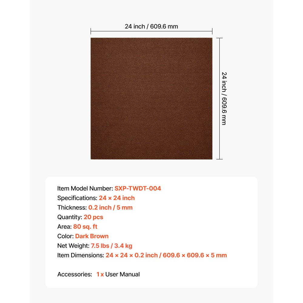 Carpet Tiles 610x610 mm 20 PCS Peel and Stick Rug Self Adhesive Brown