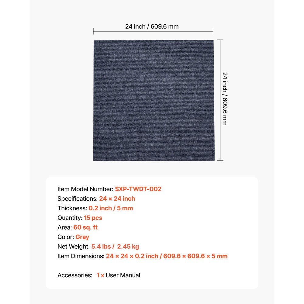 Carpet Tiles 610x610 mm 15 Pack Peel and Stick Rug Self Adhesive Gray