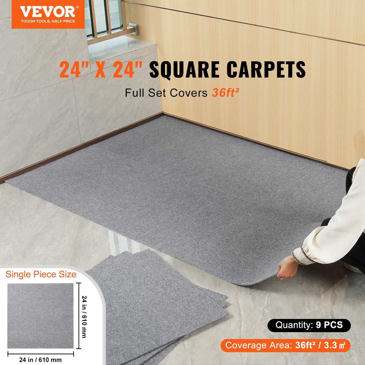 24x24 cm Self-Adhesive Carpet Tiles, Light Gray, 9-Pack, Easy DIY Installation
