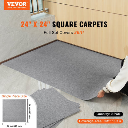 24x24 cm Self-Adhesive Carpet Tiles, Light Gray, 9-Pack, Easy DIY Installation