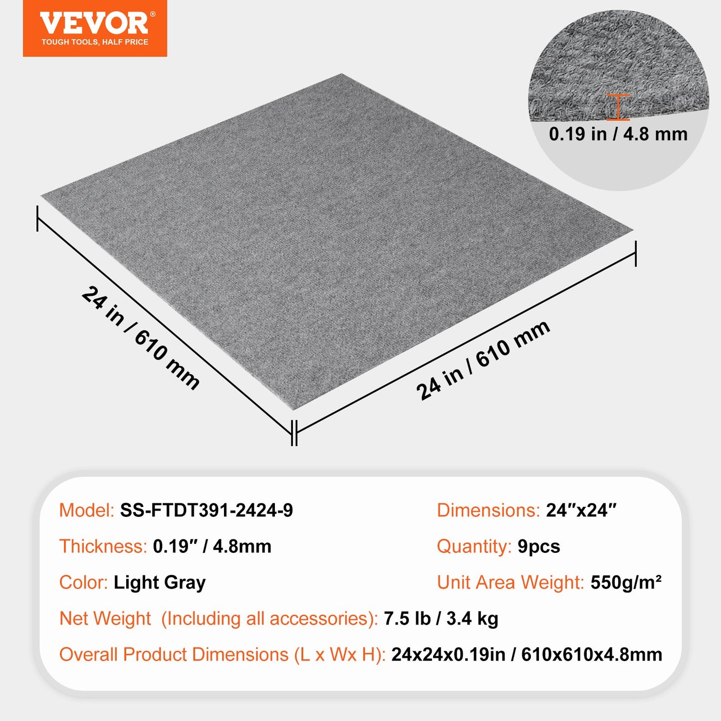VEVOR Carpet Tiles Peel and Stick, 24” x 24” Squares Self Adhesive Carpet Floor