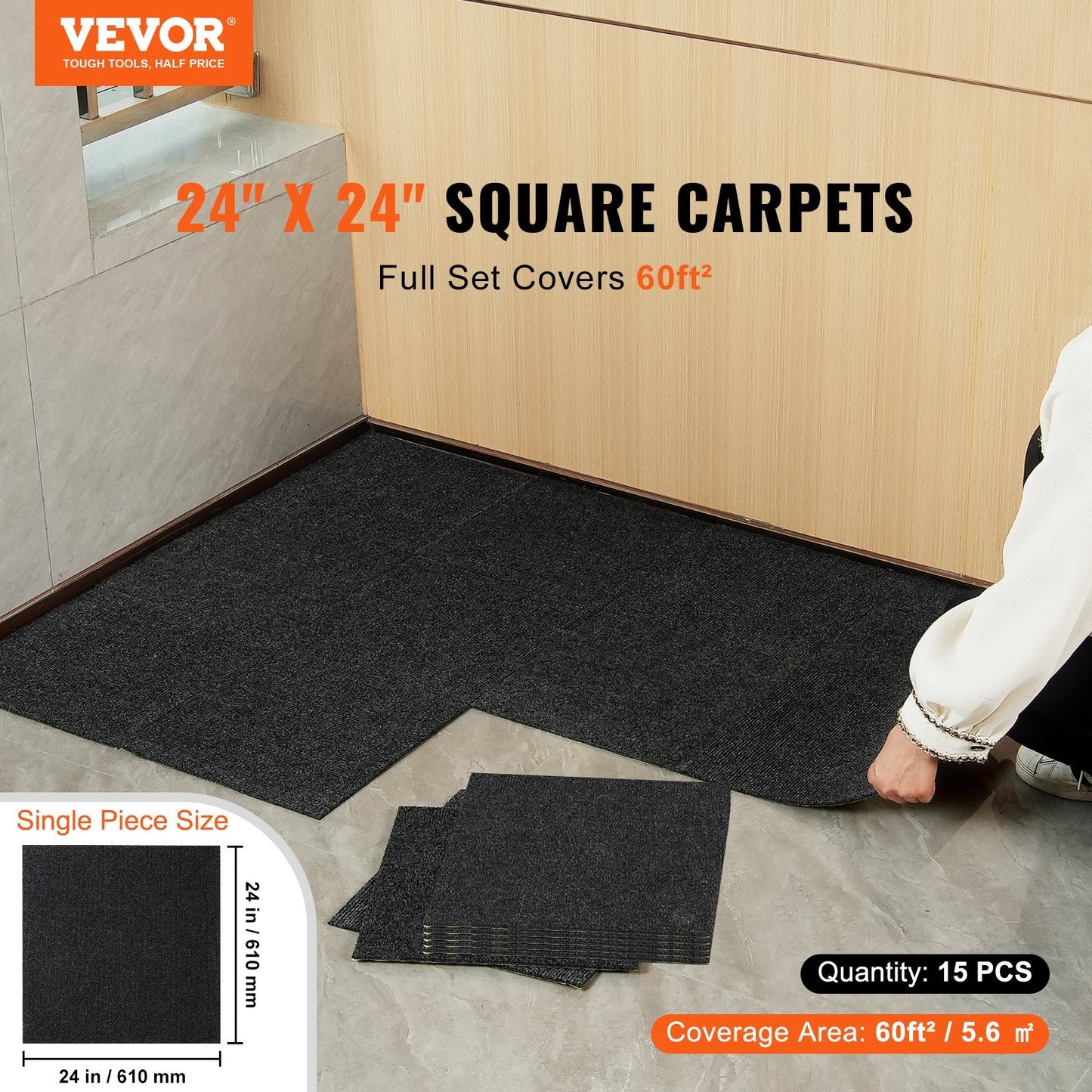Self-Adhesive Carpet Tiles, 0.61m x 0.61m, Charcoal Black, 15-Pack, Easy Install