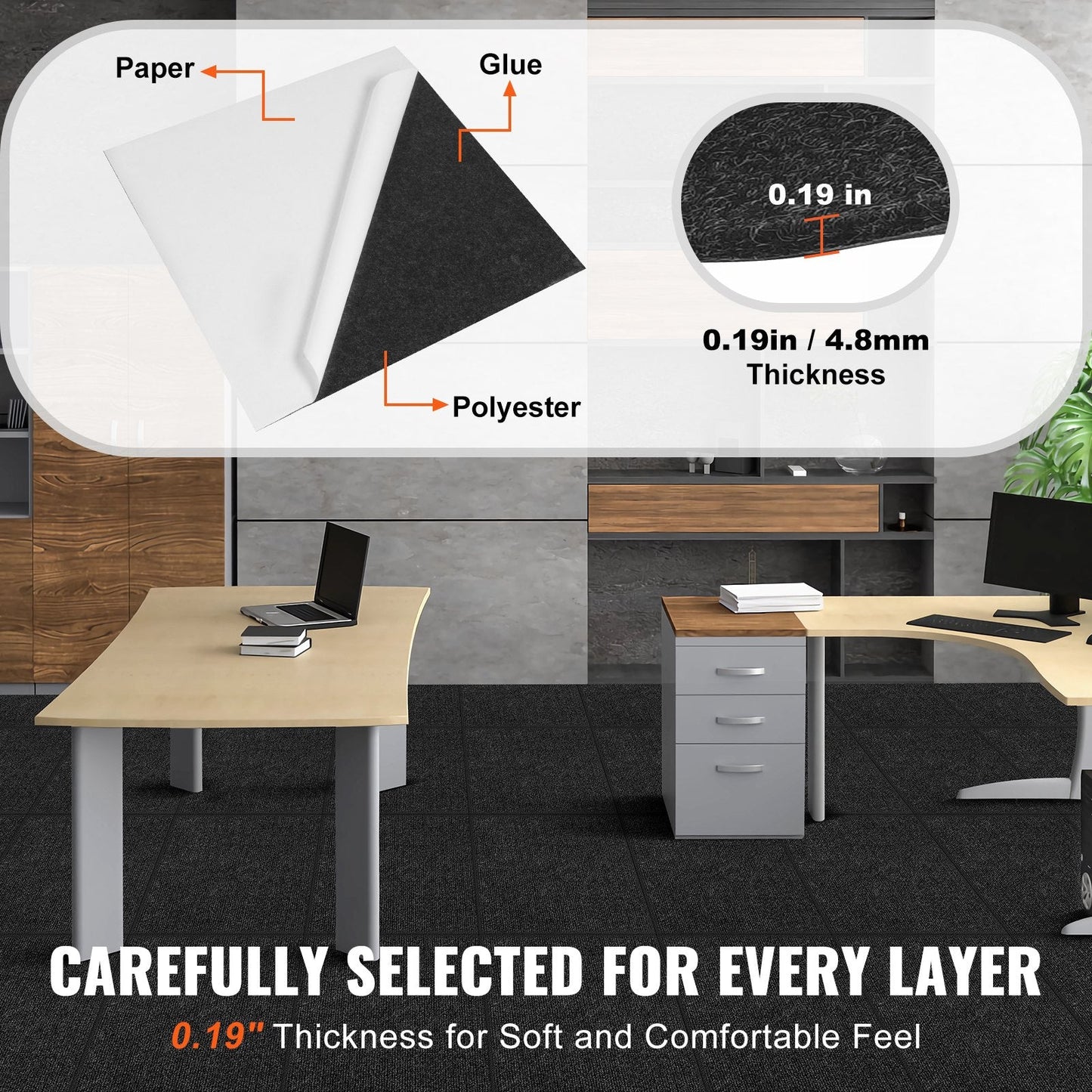 Self-Adhesive Carpet Tiles, 0.61m x 0.61m, Charcoal Black, 15-Pack, Easy Install