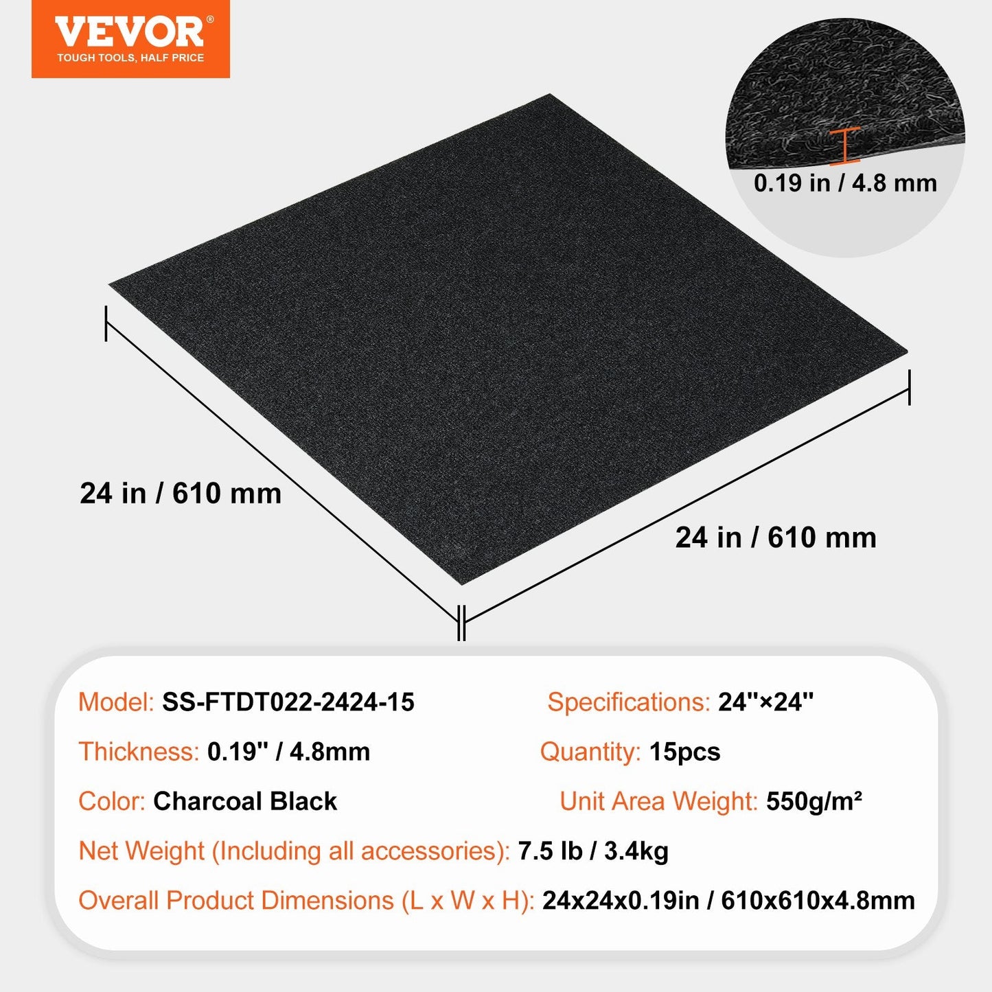 Self-Adhesive Carpet Tiles, 0.61m x 0.61m, Charcoal Black, 15-Pack, Easy Install