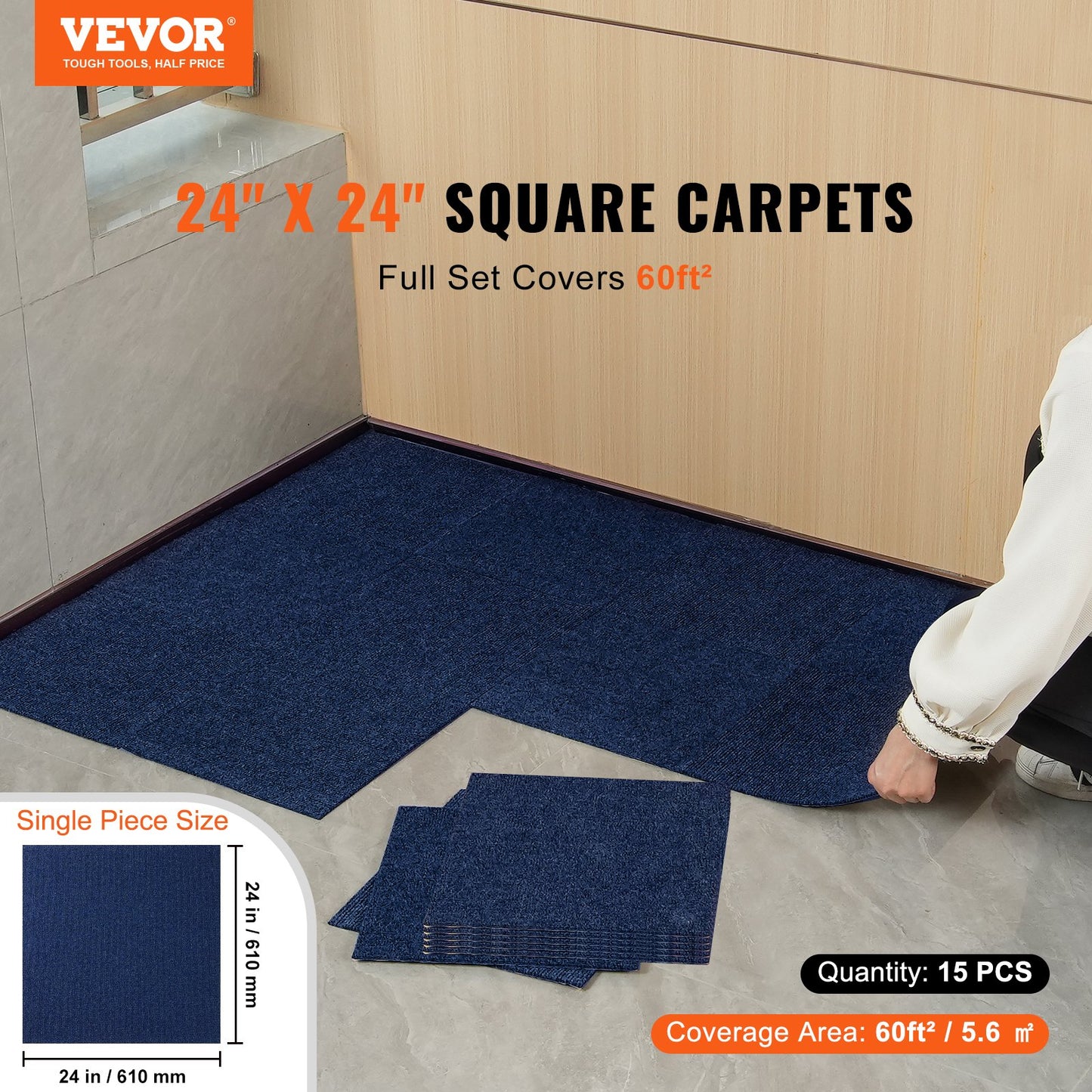 VEVOR Carpet Tiles Peel and Stick, 24” x 24” Squares Self Adhesive Carpet Floor
