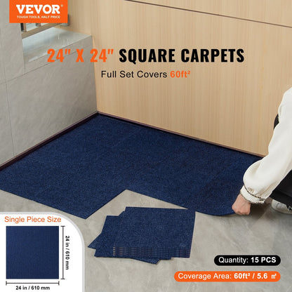 Self-Adhesive Carpet Tiles, 0.61m x 0.61m, 15pcs, Deep Blue, Easy DIY Install